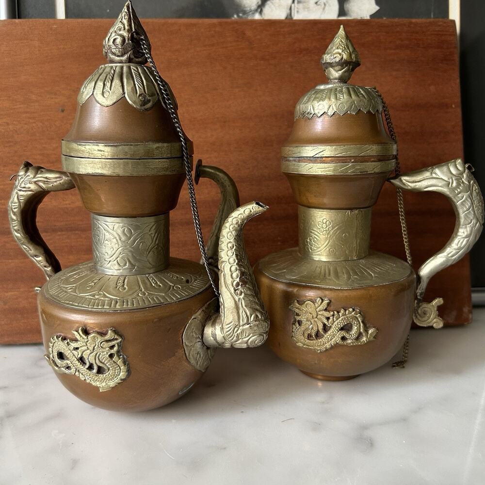 Vintage Tibetan Style Metal Dragon Decanter Pair MCM Asian Boho Home Decor